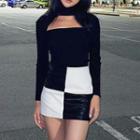 Long-sleeve Cut-out Check Mini Sheath Dress