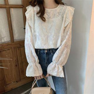 Long-sleeve Flared Sleeve Embroidered Lace Top Off-white - One Size