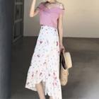 Plaid Off-shoulder Short-sleeve Top / Cherry Print Midi Skirt