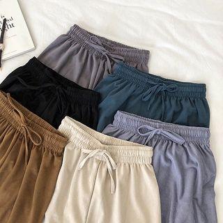 Plain Lace-up High-waist Faux Suede Cropped Pants