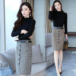 Set: Knit Top + Plaid Buttoned Pencil Skirt