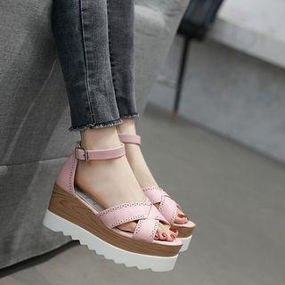 Crossover Strap Peep Toe Platform Wedge Sandals