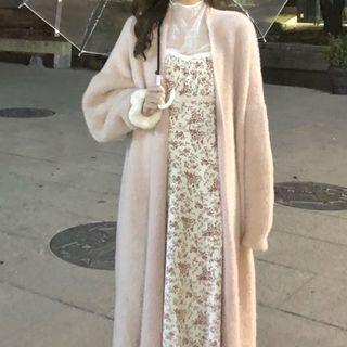 Floral Printed Spaghetti Strap Dress /long-sleeve High-neck Lace Top / Long-sleeve Plain Knit Cardigan