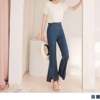 High Waist Washed Slit Crop Boot-cut Jeans