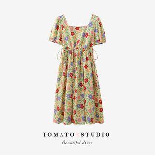 Square-neck Floral Drawstring A-line Dress Yellow - One Size