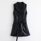 Double-breasted Sleeveless Mini A-line Faux Leather Dress