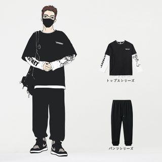Mock Two-piece Long-sleeve Lettering T-shirt / Sweatpants / Set