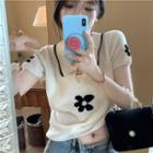 Short-sleeve Collar Flower Knit Top White - One Size