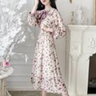 Printed Long-sleeve Midi Chiffon Dress Pink - One Size