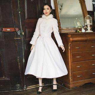 Furry-trim Long-sleeve Midi A-line Coat Dress