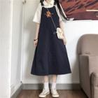 Plain Short-sleeve Shirt / Bear Embroidered Midi Jumper Dress