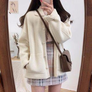 Ruffle Trim Shirt / Plaid A-line Skirt / Buttoned Jacket