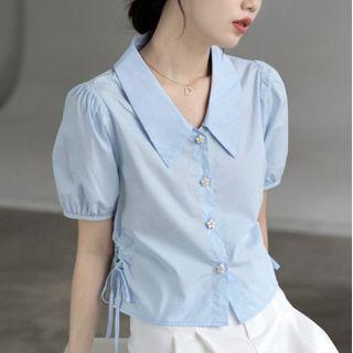 Short-sleeve Drawstring Flower Button Blouse