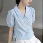 Short-sleeve Drawstring Flower Button Blouse