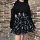 Cold-shoulder Hoodie / Plaid Mini A-line Skirt