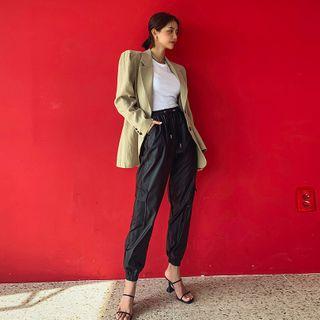 Flap-pocket Faux-leather Jogger Pants Black - One Size