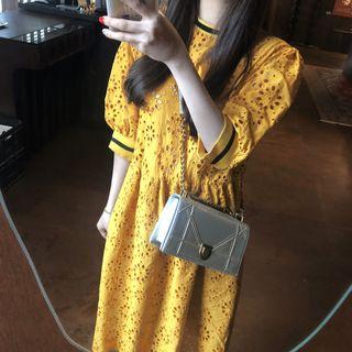 3/4-sleeve Striped Trim Perforated Midi Dress