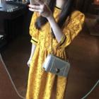 3/4-sleeve Striped Trim Perforated Midi Dress