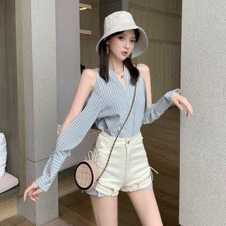 Striped Cutout Long-sleeve Blouse Dress / Lace-up Hot Pants