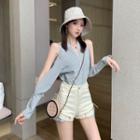 Striped Cutout Long-sleeve Blouse Dress / Lace-up Hot Pants