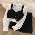 Puff-sleeve Ruffled Shirt / Glitter Camisole Top / A-line Skirt / Set