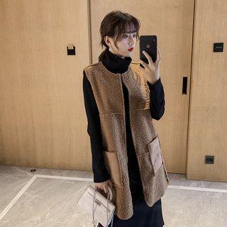 Faux Shearling Zip Vest / Turtleneck Long-sleeve Midi Knit Dress