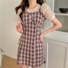 Puff-sleeve Mesh Top / Gingham Slipdress