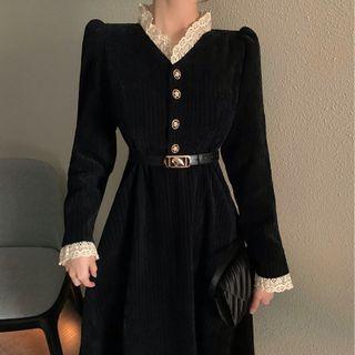 Long-sleeve Lace-trim Buttoned Dress