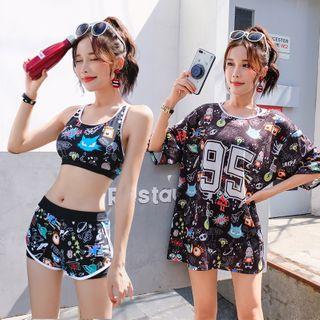 Set: Cartoon Print Tankini + Short-sleeve Cover-up Top