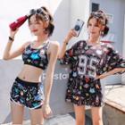 Set: Cartoon Print Tankini + Short-sleeve Cover-up Top