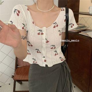 Short-sleeve Cherry Print Button-up Top White - One Size