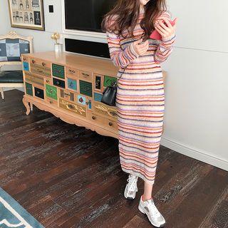 Color-block Striped Long-sleeve Knit Dress As Figure - One Size