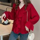 Ruffled Bell-sleeve Chiffon Blouse Red - One Size