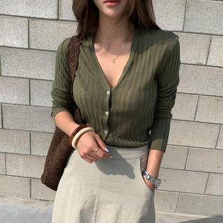 Lightweight Rib Knit Cardigan Khaki - One Size