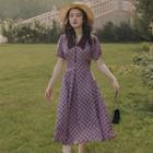 Puff-sleeve Collared Check Midi A-line Dress