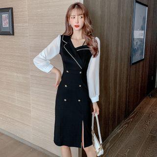 Long-sleeve Two Tone Double Breasted Midi Dress