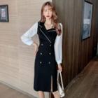 Long-sleeve Two Tone Double Breasted Midi Dress