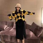 Color-block V-neck Argyle Long-sleeve Sweater / High-waist Skirt