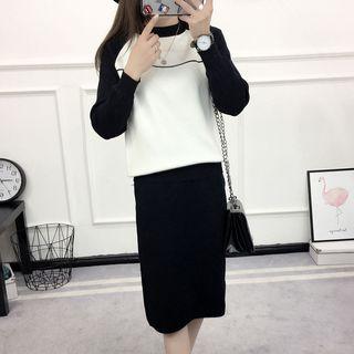 Set: Two-tone Sweater + Knit Skirt