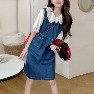Puff-sleeve Ruffle Shirt / Denim Overall Dress / Set
