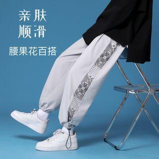 Paisley Print Panel Drawstring-cuff Straight-leg Pants