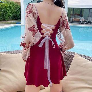 Set: Long-sleeve Mesh Panel Swim Dress + Shorts