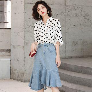 Set: Elbow-sleeve Chiffon Shirt + Denim A-line Skirt