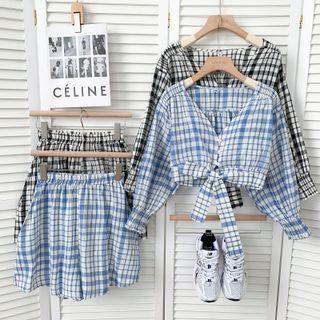 Set: Tie-hem Checker Crop Shirt + Wide-leg Shorts