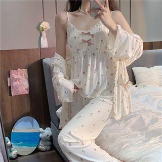 Set: Floral Camisole Top + Pants + Cardigan Set Of 3 - Camisole Top & Pants & Cardigan - Almond - One Size