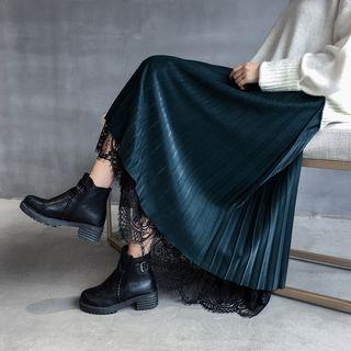 High-waist Reversible Pleated Lace Trim Sheer Skirt