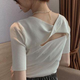 Short-sleeve Bow-back Ribbed Knit Top