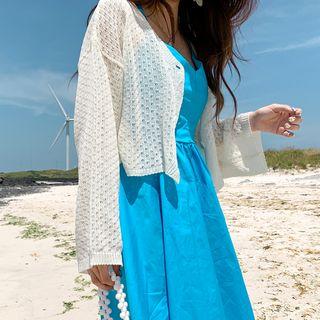 Drop-shoulder Cropped Pointelle-knit Cardigan