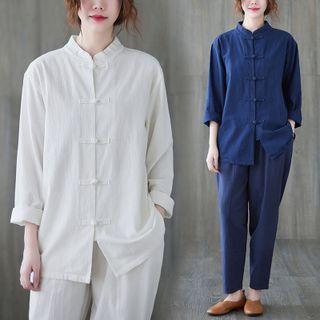 Mandarin Collar Frog-button Blouse / Tapered Pants