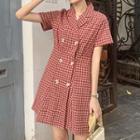 Checked Double-breasted Short-sleeve Mini A-line Dress